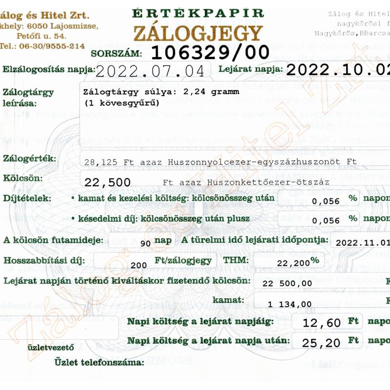 N-106329 sz. zálogjegy