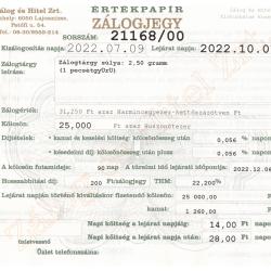 K-21168 sz. zálogjegy