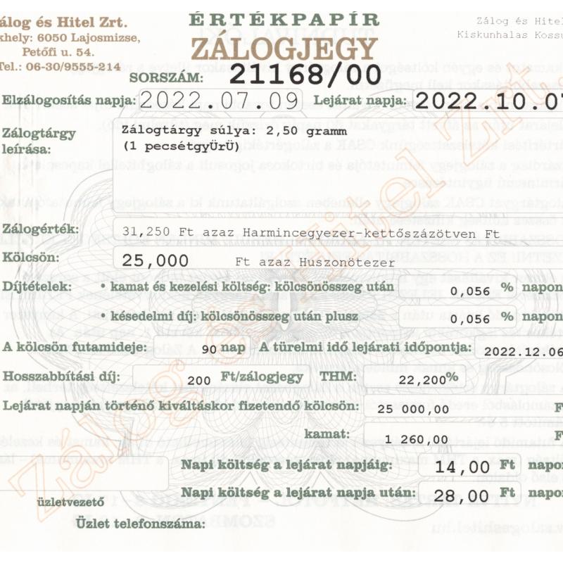 K-21168 sz. zálogjegy