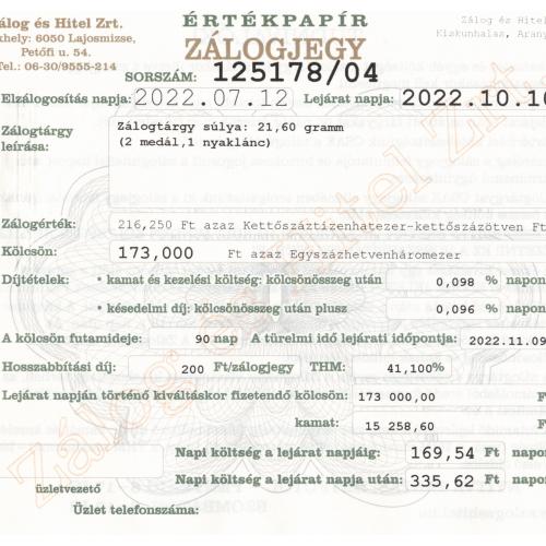 A-125178 sz. zálogjegy