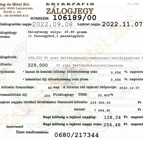 C-106189 sz. zálogjegy
