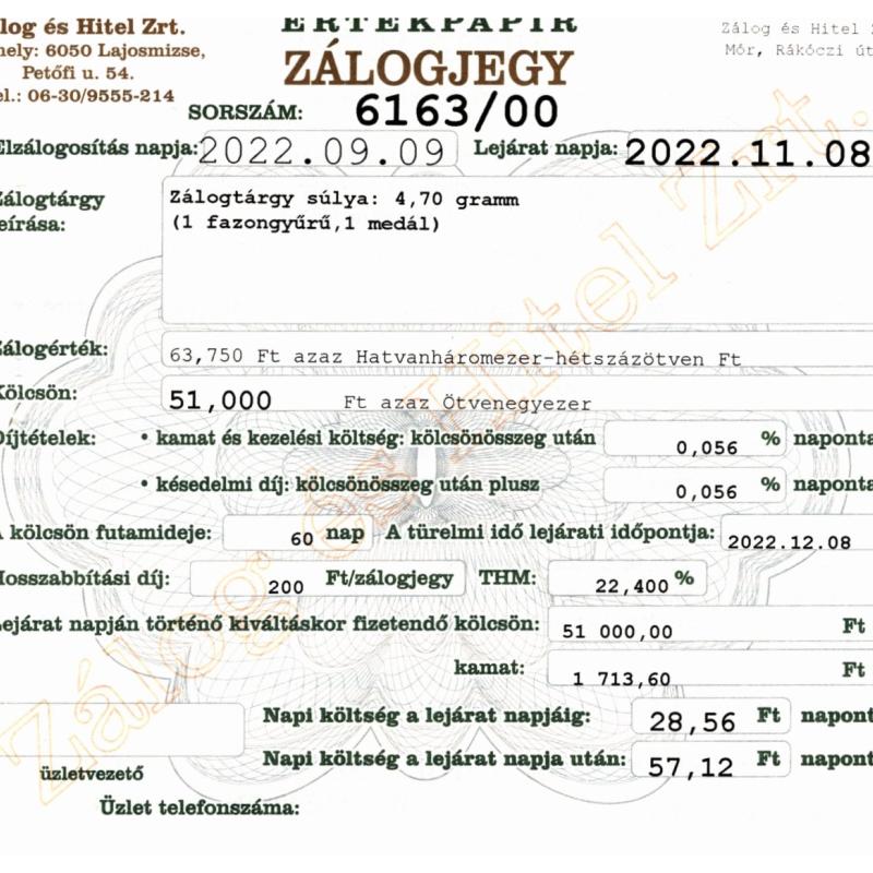 M-6163 sz. zálogjegy