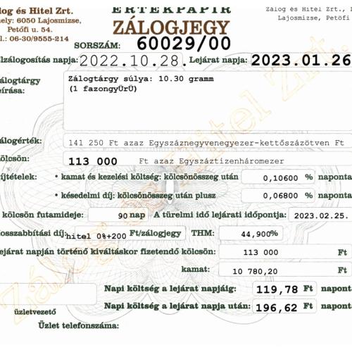 L-60029 sz. zálogjegy