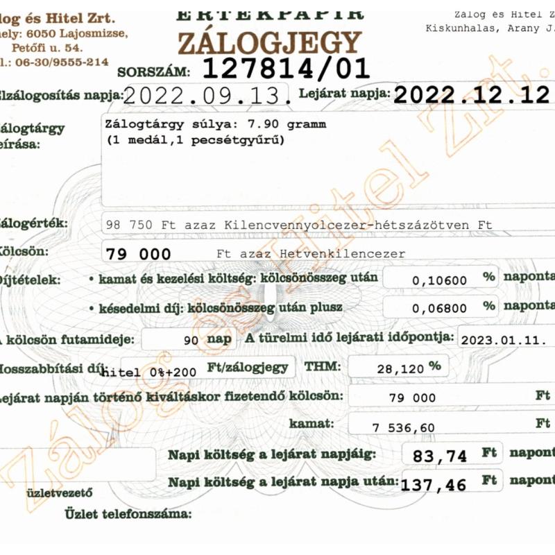 A-127814 sz. zálogjegy