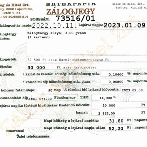 S-73516 sz. zálogjegy