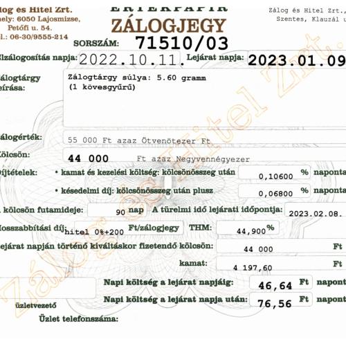 S-71510 sz. zálogjegy