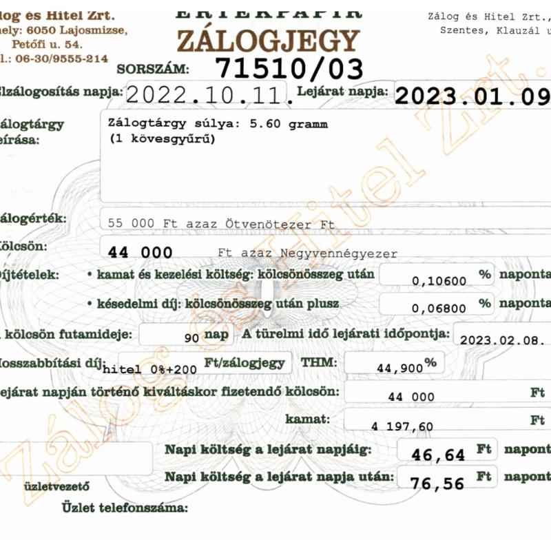 S-71510 sz. zálogjegy