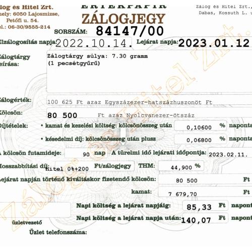 D-84147 sz. zálogjegy