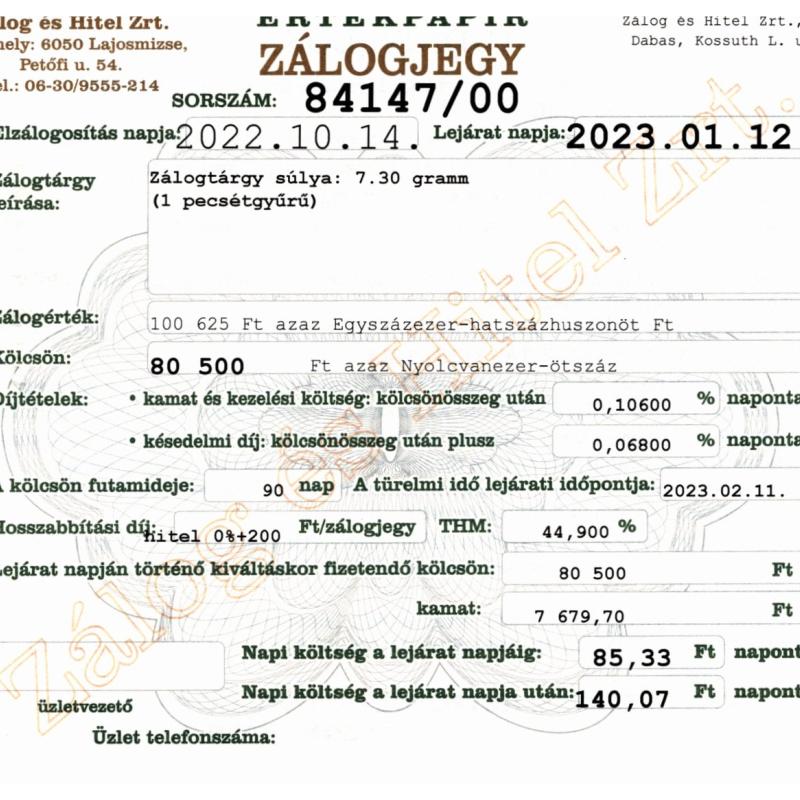 D-84147 sz. zálogjegy