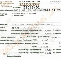 U-53043 sz. zálogjegy