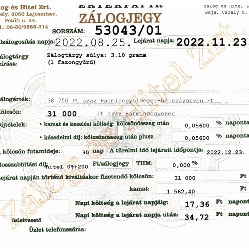 U-53043 sz. zálogjegy