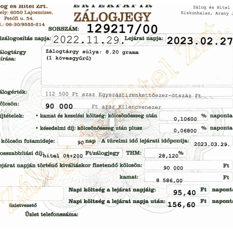 A-129217 sz. zálogjegy