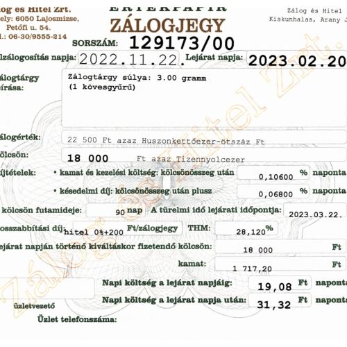 A-129173 sz. zálogjegy
