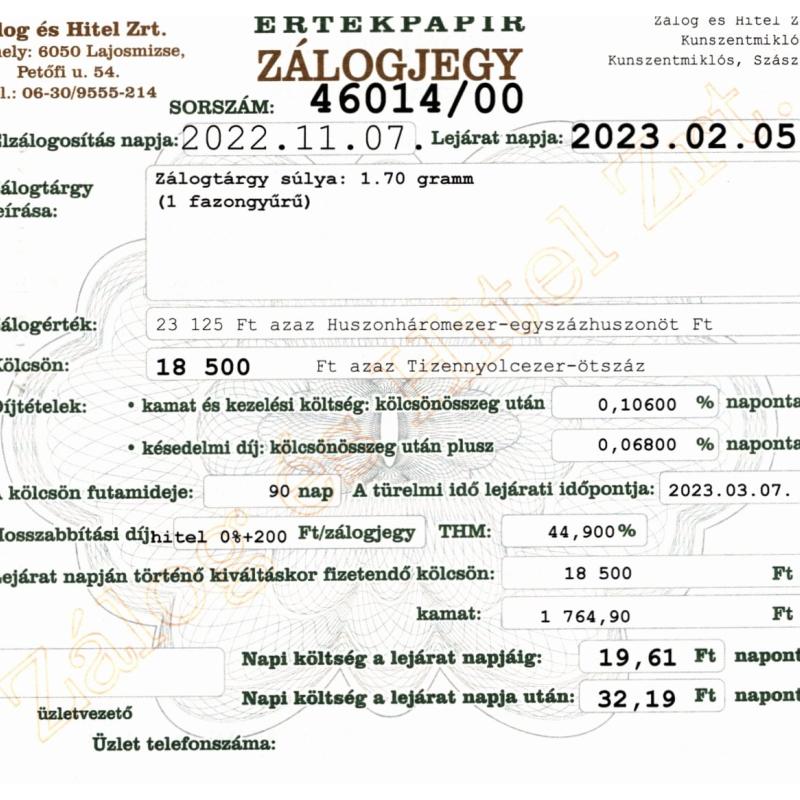 Z-46014 sz. zálogjegy