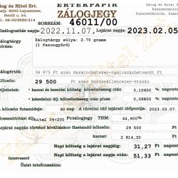 Z-46011 sz. zálogjegy