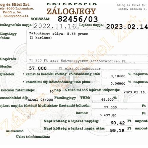 D-82456 sz. zálogjegy