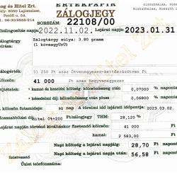 K-22108 sz. zálogjegy