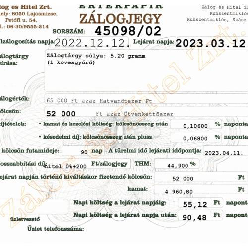 Z-45098 sz. zálogjegy