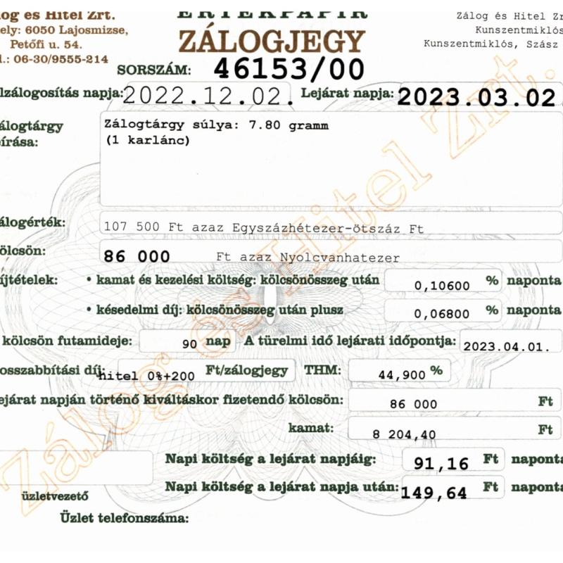 Z-46153 sz. zálogjegy