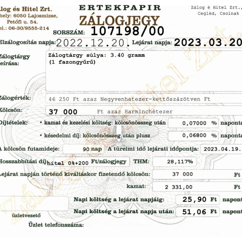 C-107198 sz. zálogjegy