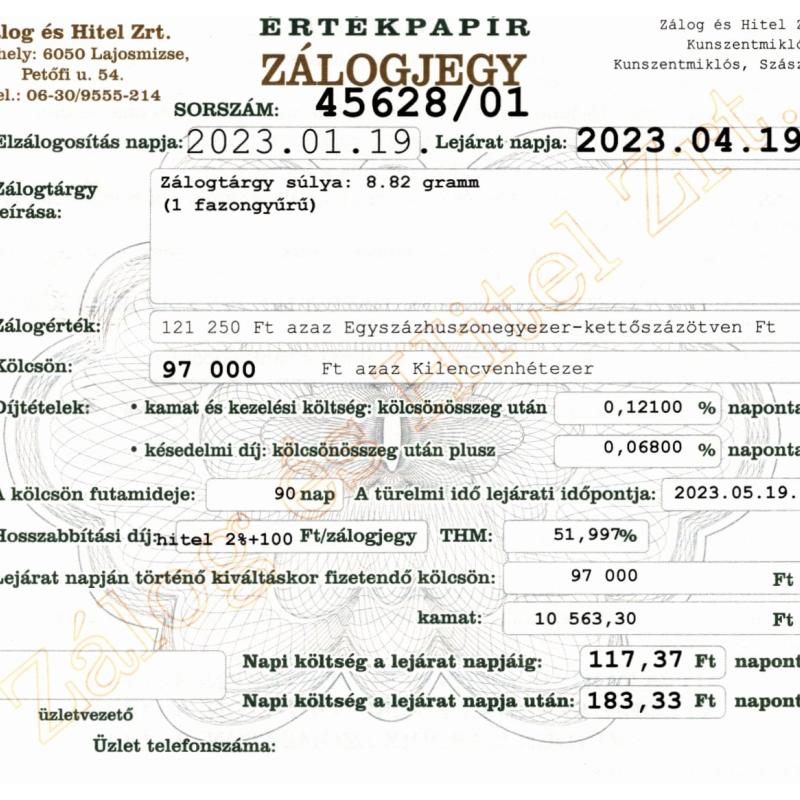 Z-45628 sz. zálogjegy