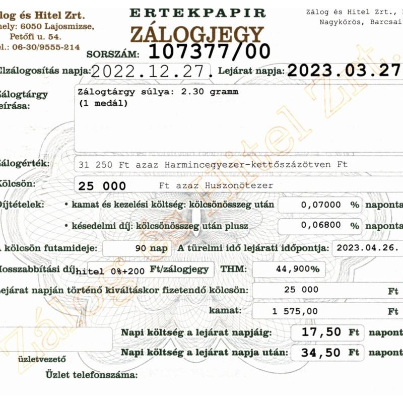 N-107377 sz. zálogjegy