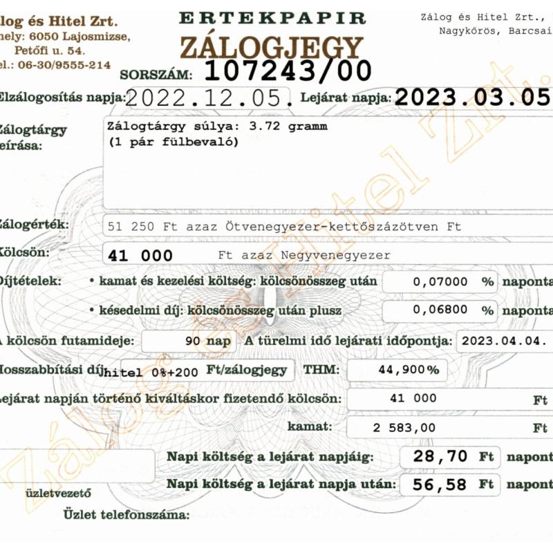 N-107243 sz. zálogjegy