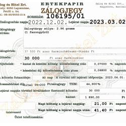 N-106195 sz. zálogjegy
