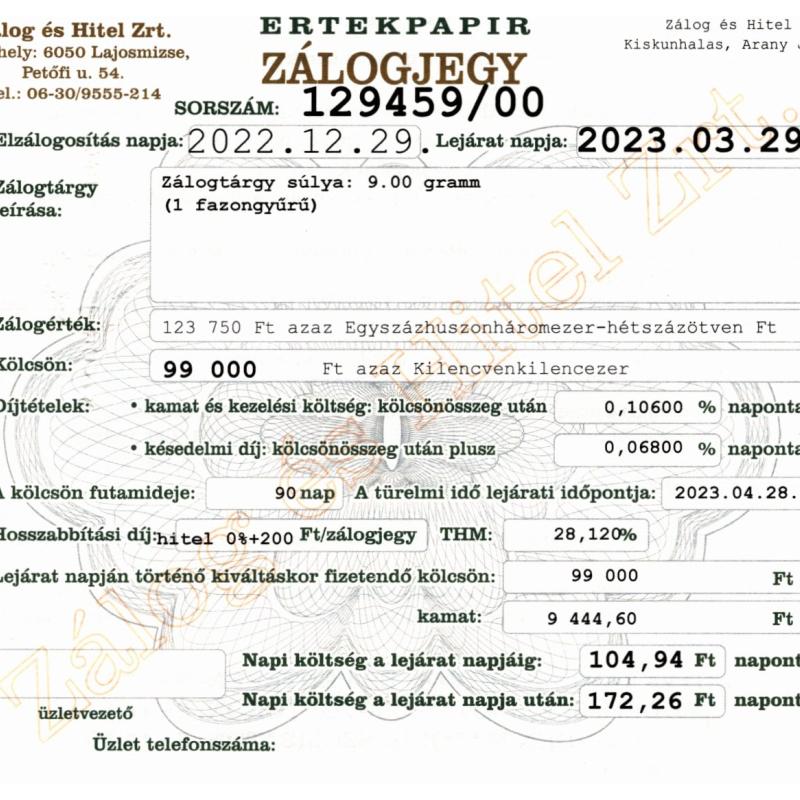A-129459 sz. zálogjegy