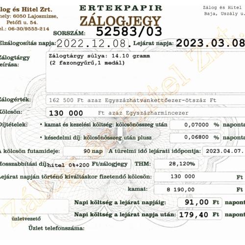 U-52583 sz. zálogjegy