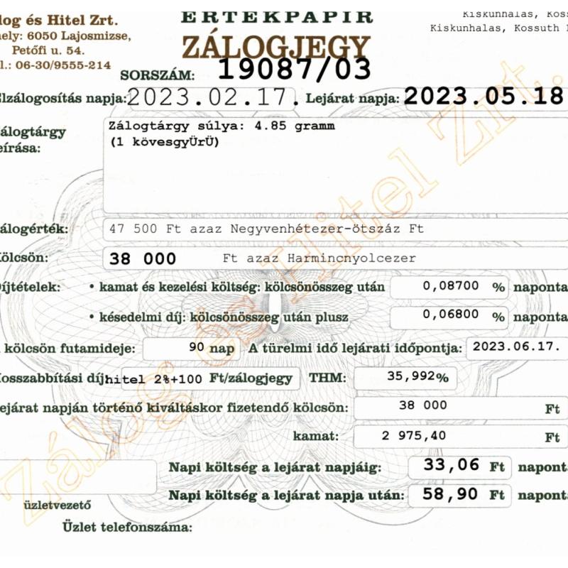 K-19087 sz. zálogjegy