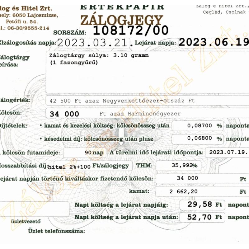 C-108172 sz. zálogjegy