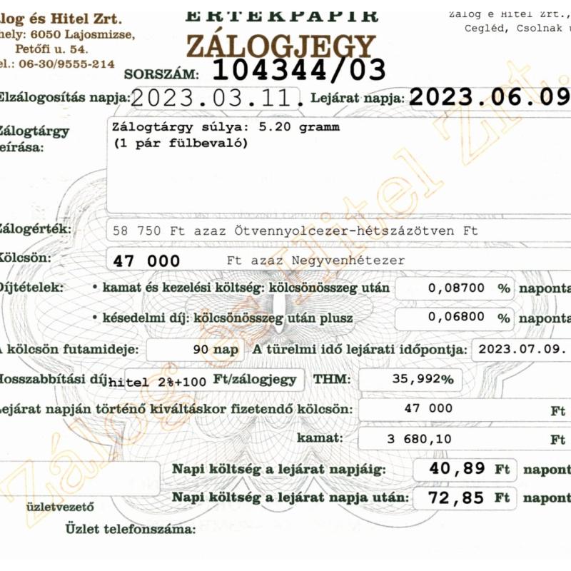 C-104344 sz. zálogjegy