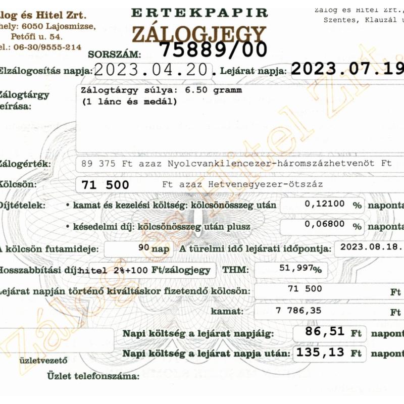 S-75889 sz. zálogjegy