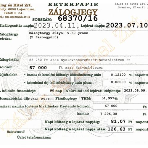 S-68370 sz. zálogjegy
