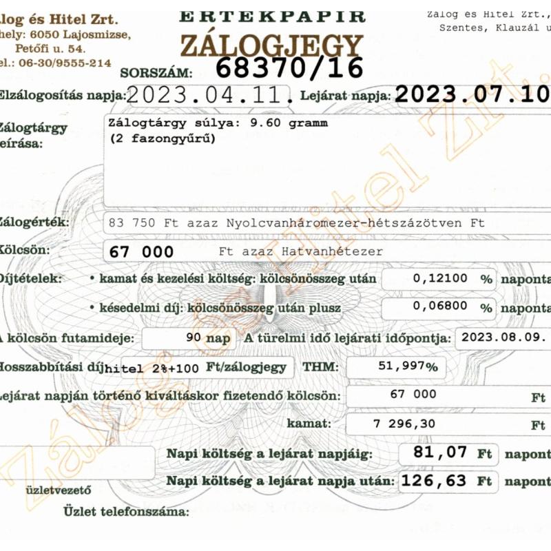 S-68370 sz. zálogjegy