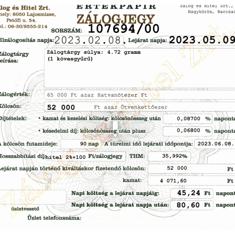 N-107694 sz. zálogjegy