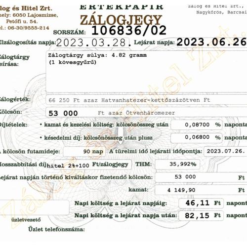N-106836 sz. zálogjegy