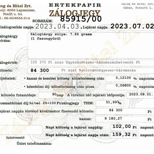 D-85915 sz. zálogjegy
