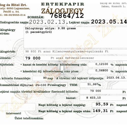 D-76864 sz. zálogjegy