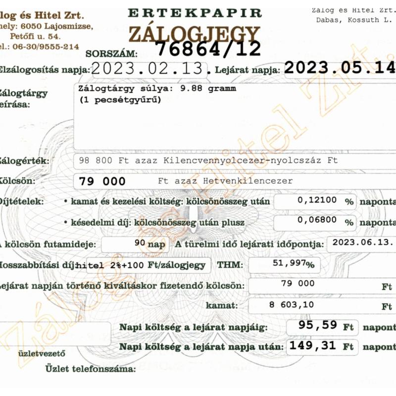 D-76864 sz. zálogjegy