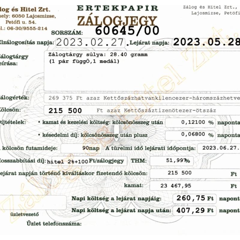 L-60645 sz. zálogjegy