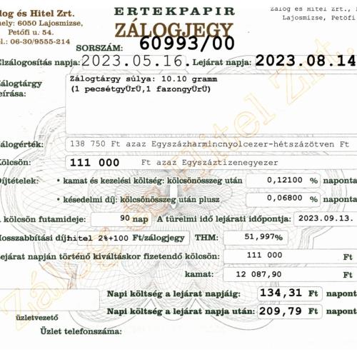 L-60993 sz. zálogjegy