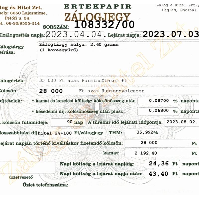 C-108332 sz. zálogjegy