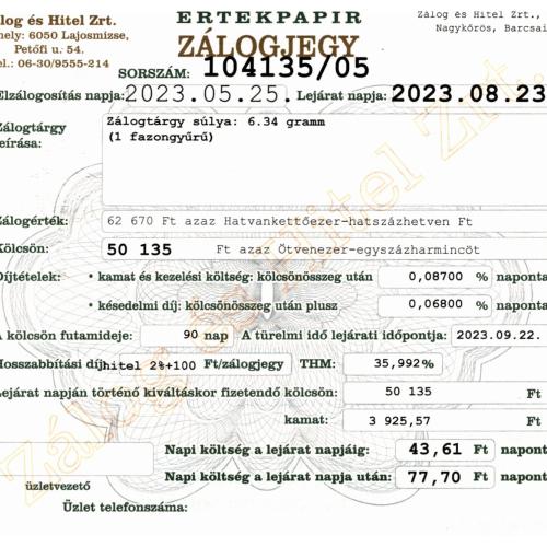 N-104135 sz. zálogjegy