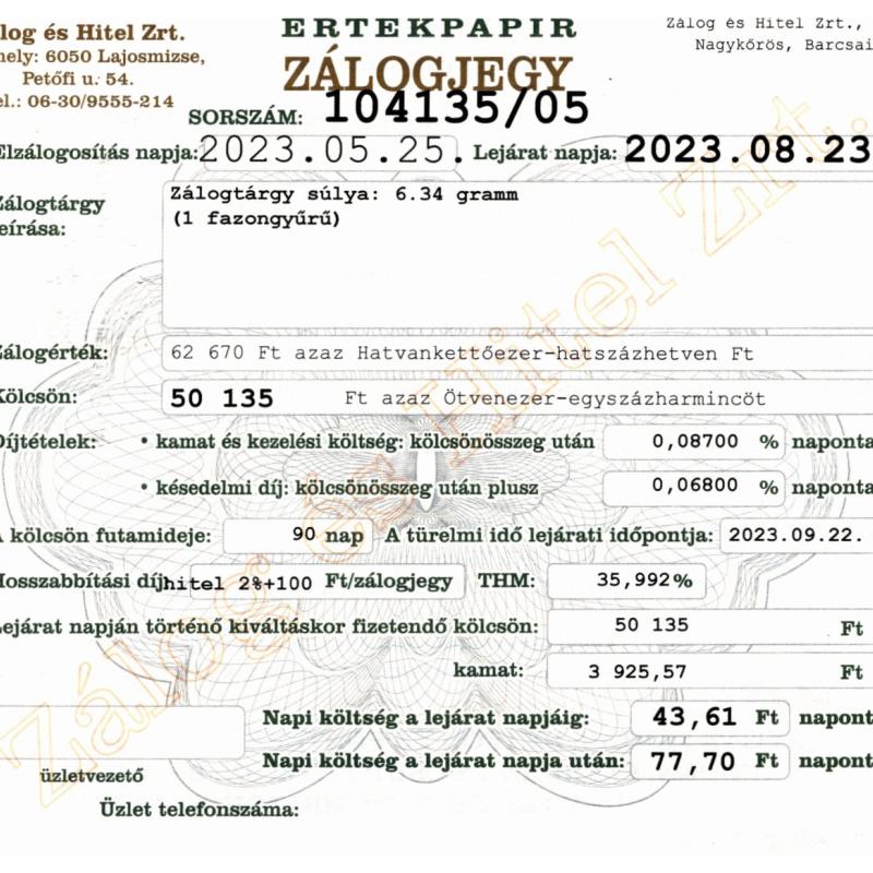 N-104135 sz. zálogjegy