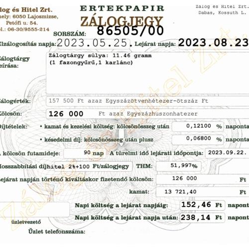 D-86505 sz. zálogjegy
