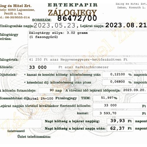 D-86472 sz. zálogjegy