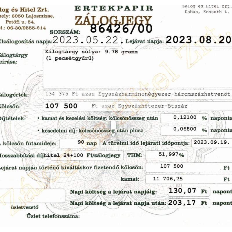 D-86426 sz. zálogjegy