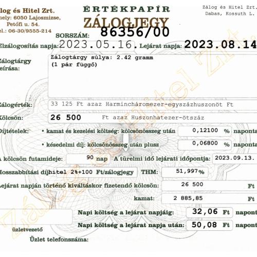 D-86356 sz. zálogjegy